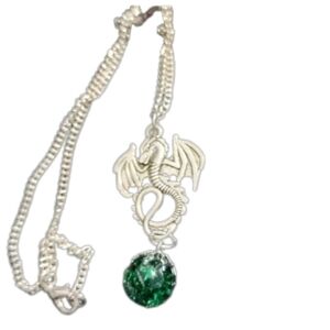 MIDEVIL necklace silver tone winged DRAGON with vibrant green crystal ball unise